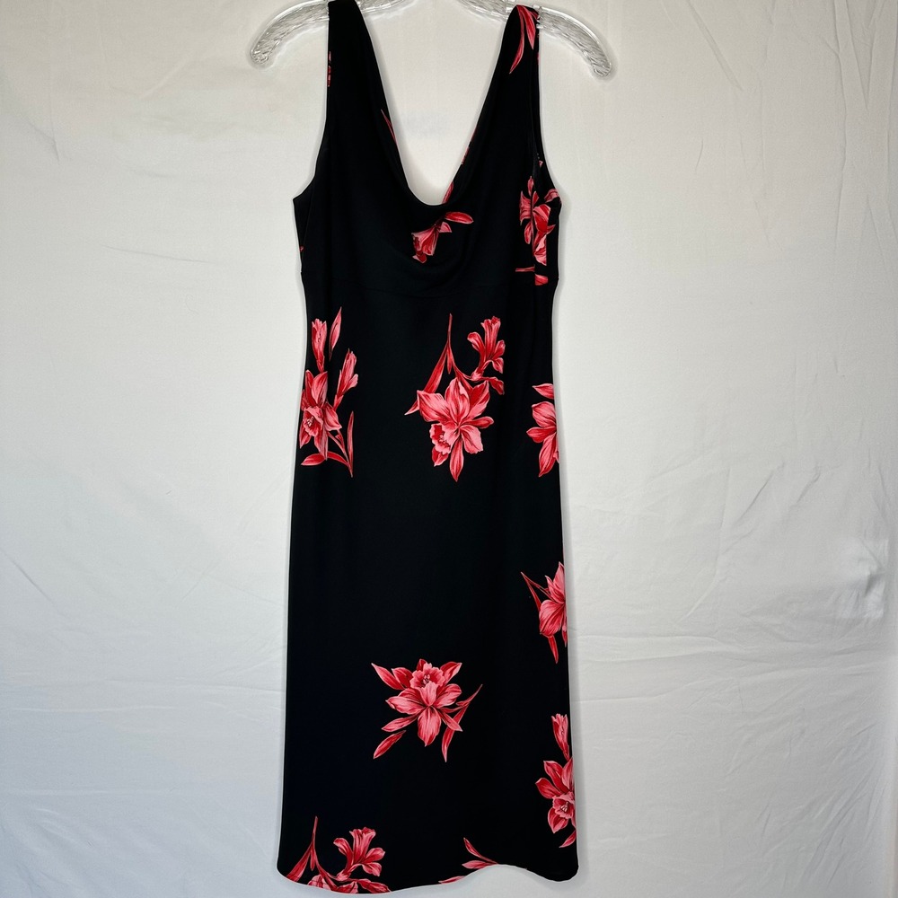 Vtg Sheri Martin New York Black Red Floral Cowl Neck Midi Dress Size 12